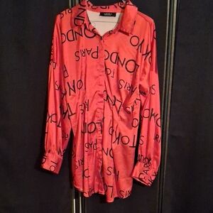 AKIRA Vibrant Red Satin Shirt with Black Graphics